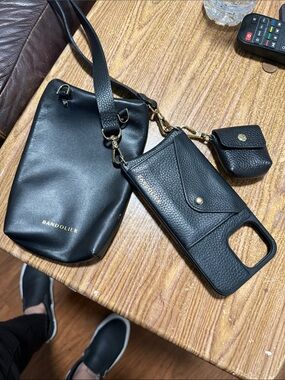 Bandolier Black Leather Crossbody Phone Pouch with Card Case and AirPod Holder